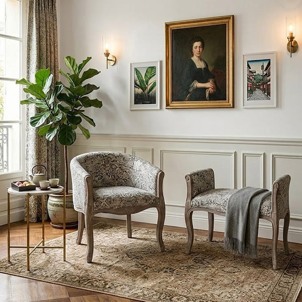 フレンチテイスト アーム付きスツール（イチゴ泥棒） おしゃれ 玄関 チェア 腰掛 アンティーク調 猫脚 スツール 肘付き 玄関ベンチ-8