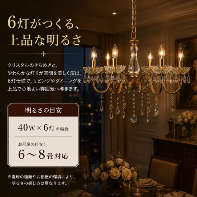 半額特価 クリスタル使用 シャンデリア 6灯 ゴールド 直径69cm 軽量 リビング 組み立て式 天井照明 シーリングタイプ 店舗什器-8