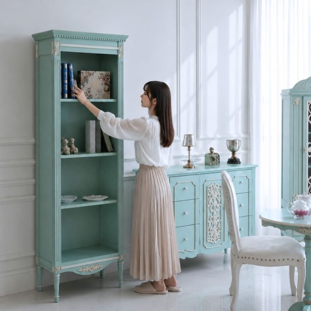 ロココ調 シャビーシック フレンチブックシェルフ 書棚 スリム 幅56cm グリーン  オープンラック コーナー収納 おしゃれ 輸入家具-12
