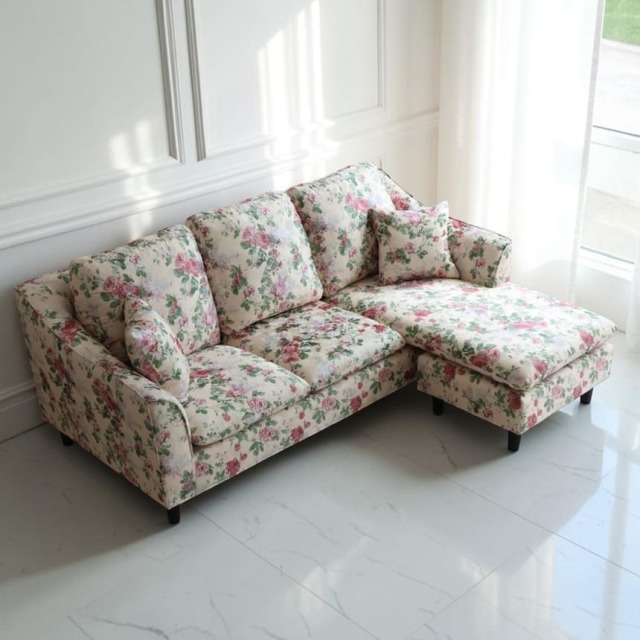 姫系 組み換え自由 L型 カウチソファ 花柄 オットマン付き 3WAYアレンジ 左右付け替え 刺繍生地 コーナーソファ おしゃれ 輸入家具-1