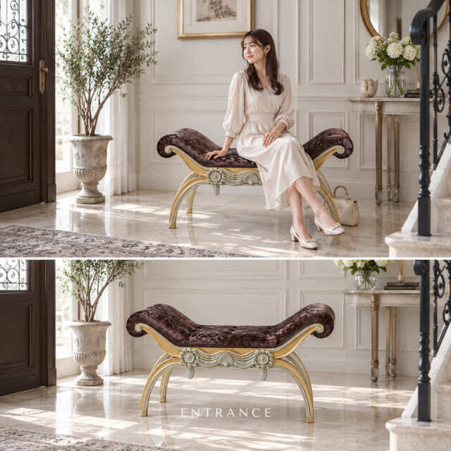 ロイヤルスツール,マホガニー製,クリーム×ゴールドラメ,ベルベット張り,猫脚,英国デザイン,アンティーク調,輸入家具-7