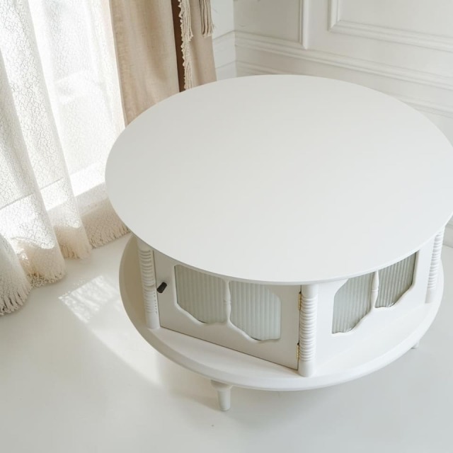 マホガニー材,ラウンドセンターテーブル,アイボリー,ホワイト,φ88cm,アンティーク調・レトロ,ガラス扉付き収納テーブル-3