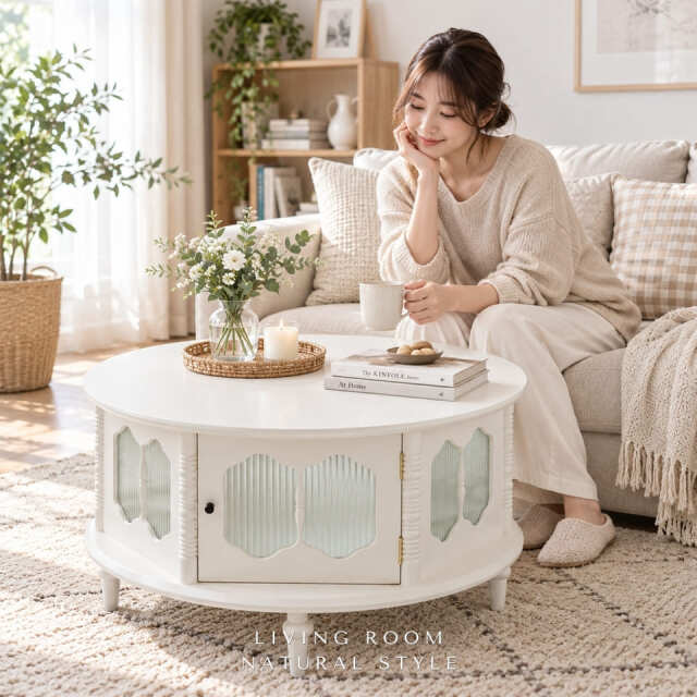 マホガニー材,ラウンドセンターテーブル,アイボリー,ホワイト,φ88cm,アンティーク調・レトロ,ガラス扉付き収納テーブル-16