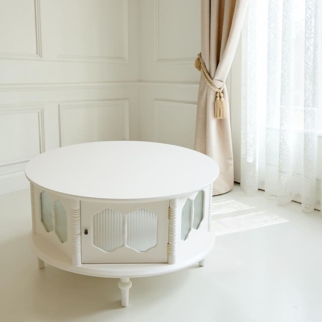 マホガニー材,ラウンドセンターテーブル,アイボリー,ホワイト,φ88cm,アンティーク調・レトロ,ガラス扉付き収納テーブル-21