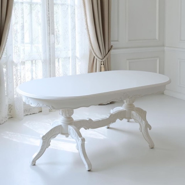 Famille ダイニングテーブル,白家具,姫系ロココ調,幅177cm 4-6人掛け対応,楕円形テーブル,猫脚で優雅な佇まい-1