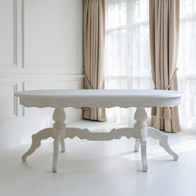 Famille ダイニングテーブル,白家具,姫系ロココ調,幅177cm 4-6人掛け対応,楕円形テーブル,猫脚で優雅な佇まい-9