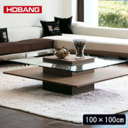 HOBANG 天板ガラス センターテーブル 幅100×奥行100cm ウォールナット【送料無料・組立設置付き】