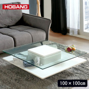 HOBANG 天板ガラス センターテーブル 幅100×奥行100cm ホワイト【送料無料・開梱設置付き】
