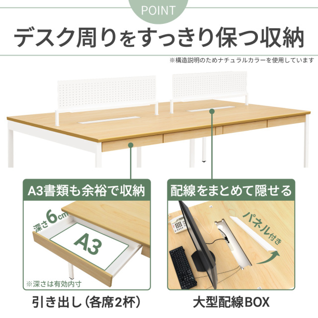 フリーアドレスデスク 4人用 パネル付き 引き出し付き 幅240cm