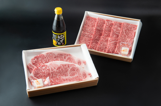 博多和牛すき焼き／焼肉用400ｇ＋ステーキ200ｇ×2枚　ゆずぽん酢付き_01