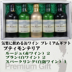 モンデ酒造 スリム缶ワイン プティモンテリア ５本詰み合わせギフト(ルージュ2/ブラン2/スパークリング1)