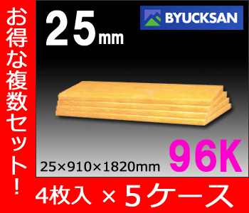 グラスウール標準密度96kg/m3 [厚さ25mm×910mm×1,820mm]　4枚入り×５ケースセット 碧山（ヘキサン）社製 【送料無料】