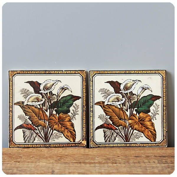 イギリス アンティークタイル 2枚セット 陶器 インテリア 雑貨 英国「鍋敷き/コースター」K-087