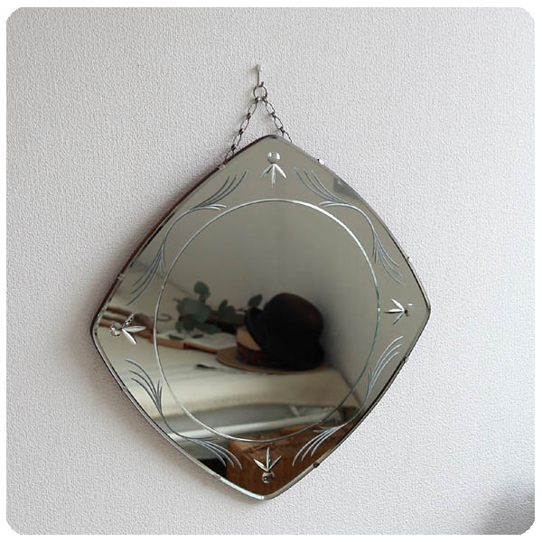 イギリス アンティーク ウォールミラー 壁掛け鏡 アールデコ インテリア雑貨「カットガラス」K-159