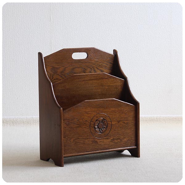 イギリス アンティーク マガジンラック オーク材 彫刻装飾 花柄 インテリア 家具 店舗什器 K-359