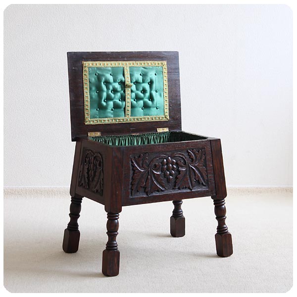 イギリス アンティーク ソーイングボックス 裁縫箱 オーク インテリア 家具 彫刻装飾 店舗什器 K-372