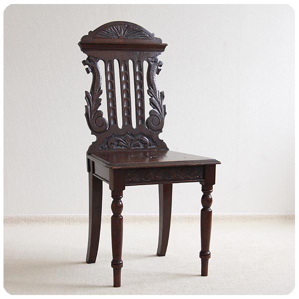 イギリス アンティーク オーク ホールチェア 木製椅子 彫刻装飾 インテリア 家具 店舗什器 K-426