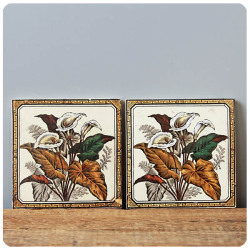 イギリス アンティークタイル 2枚セット 陶器 インテリア 雑貨 英国「鍋敷き/コースター」K-087