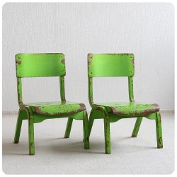 イギリス ヴィンテージ スクールチェア2脚セット 木製 学校椅子 ペイント家具「スタッキングチェア」P-398