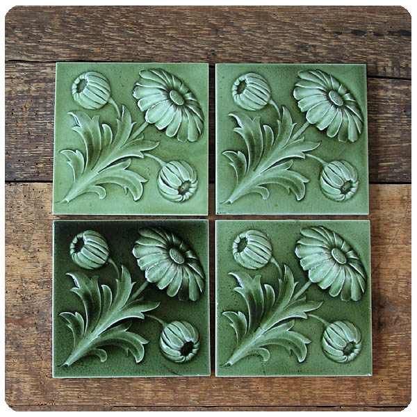 イギリス アンティーク タイル 4枚セット 陶器 インテリア雑貨 花柄  