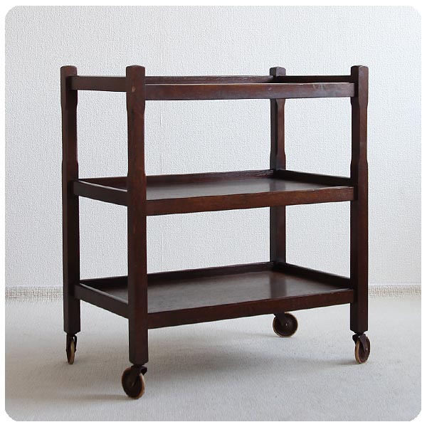 イギリス アンティーク キッチンワゴン トロリー 木製 オーク 収納家具「キャスター付き」P-146