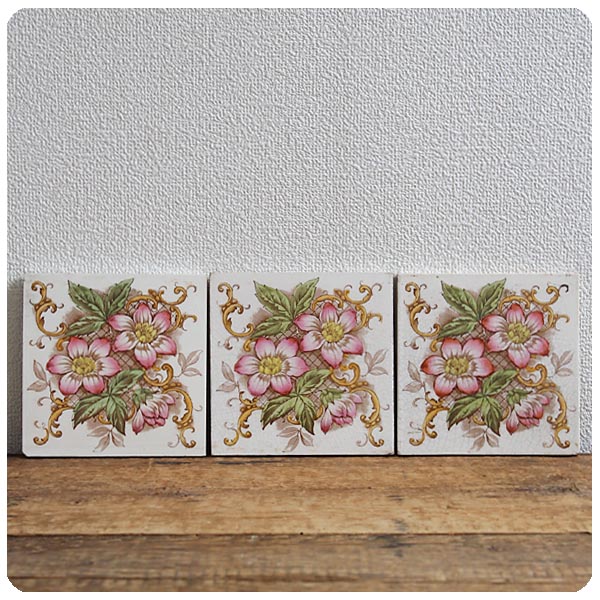 イギリス アンティーク タイル 3枚セット 陶器 インテリア雑貨 花柄「鍋敷き/コースター」P-170