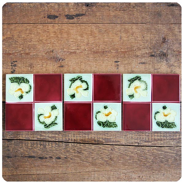イギリス アンティーク タイル 3枚セット 陶器 インテリア雑貨 花柄「鍋敷き/コースター」P-217