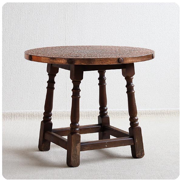 イギリス アンティーク オールドコパートップテーブル 銅製天板 木製 家具「重厚なつくり」P-227