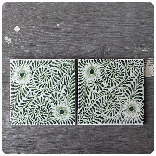 イギリス アンティークタイル2枚セット 陶器 インテリア雑貨 花柄「鍋敷き/コースター」P-406