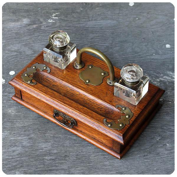 イギリス アンティーク インクスタンド デスクセット ドロワー オーク  