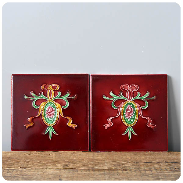 イギリス アンティークタイル2枚セット 陶器 インテリア雑貨 花柄「鍋敷き/コースター」P-904