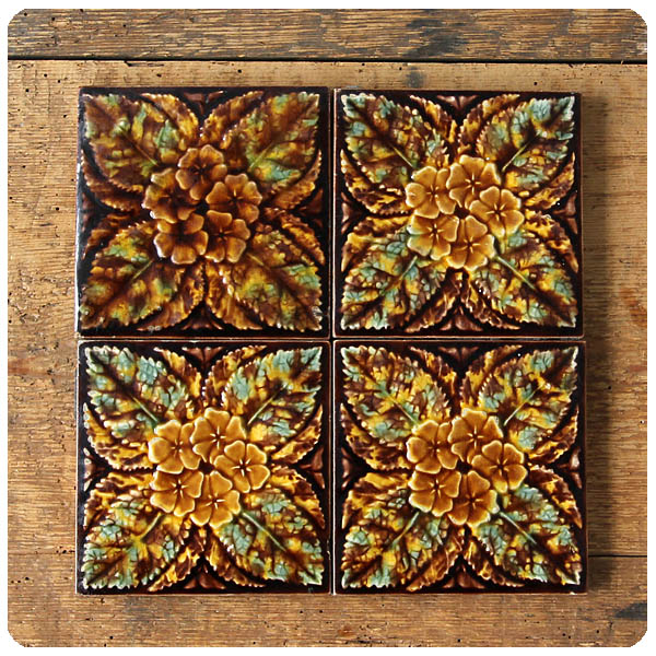 イギリス アンティークタイル4枚セット 陶器 インテリア雑貨 花柄「鍋敷き/コースター」P-906