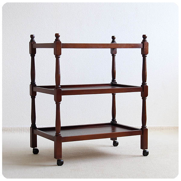 イギリス アンティーク調 キッチンワゴン3段 キャスター付き 木製 インテリア 家具 店舗什器「ディスプレイ台にも」Q-106