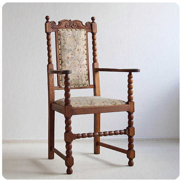 イギリス アンティーク アームチェア ボビンレッグ オーク材 彫刻 インテリア 家具 店舗什器「ハイバックチェア」Q-114