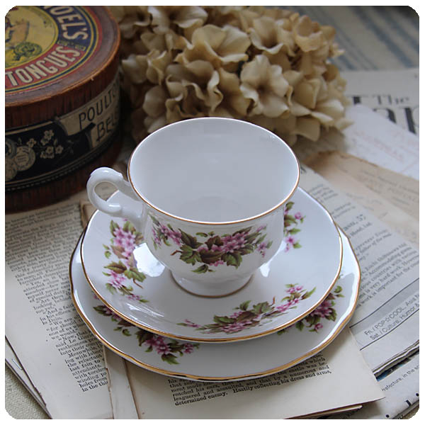 イギリス アンティーク Queen Anne カップ＆ソーサートリオ  陶磁器 ボーンチャイナ製 店舗什器「BONE CHINA」Q-120