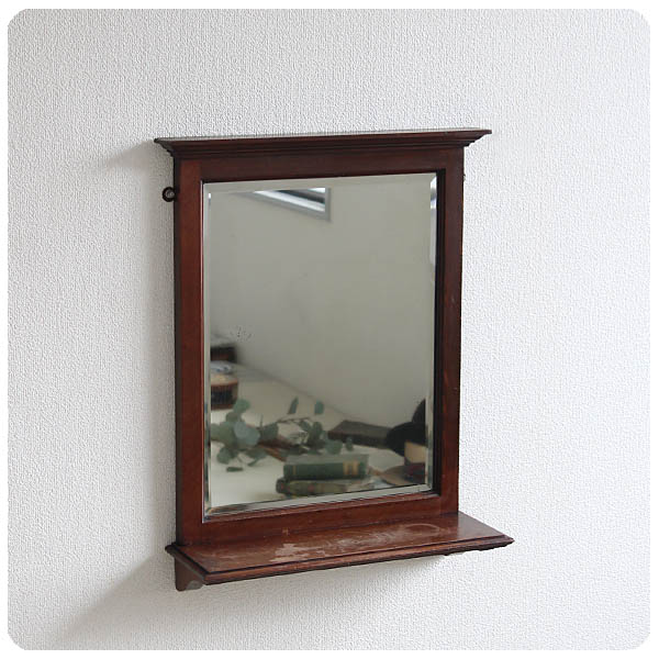 イギリス アンティーク 棚付きウォールミラー 壁掛け鏡 木枠 インテリア 家具 店舗什器「玄関や洗面所などに」Q-123