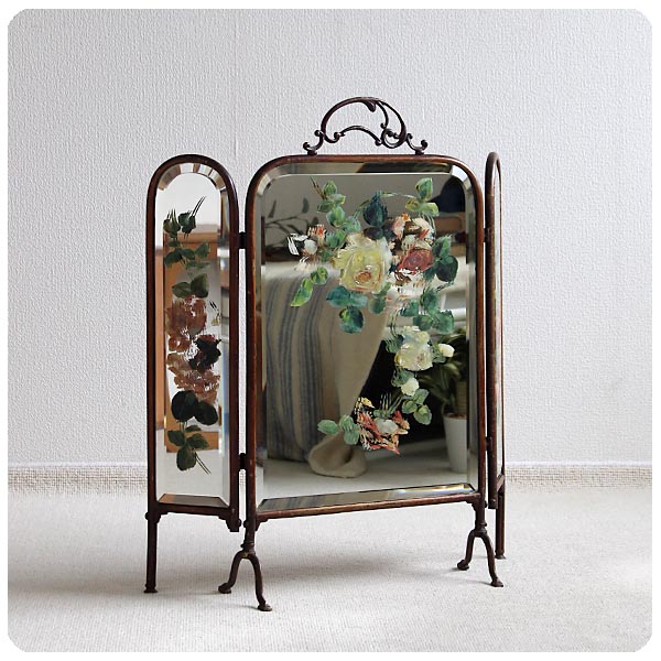 イギリス アンティーク ファイヤースクリーン ブラス 置き鏡 暖炉 家具 インテリア ヴィンテージ 店舗什器【花柄デザイン】Q-229