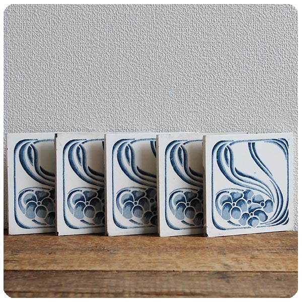 イギリス アンティーク タイル 5枚セット 陶器 インテリア雑貨 花柄「鍋敷き/コースター」V-664