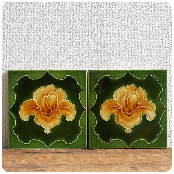 イギリス アンティーク タイル2枚セット 陶器 インテリア 雑貨 英国「鍋敷き/コースター」V-743