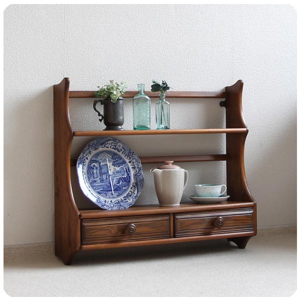 イギリス ヴィンテージ アーコール(ERCOL) 2ドロワー付きプレートラック/ウォールシェルフ【北欧家具スタイル】Y-518