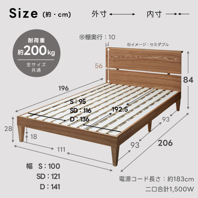 宮棚 二口コンセント付き 木製ベッドフレーム 家具通販 ワイエム