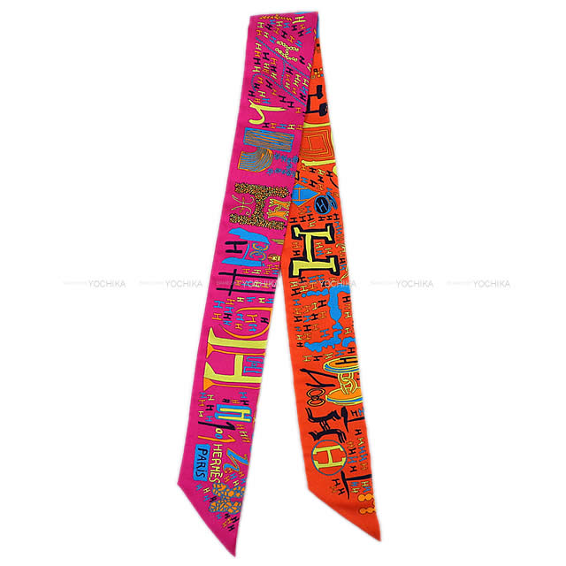 HERMES エルメス ツイリー スカーフ "1001H" オレンジXフューシャXブルー シルク100% 新品未使用