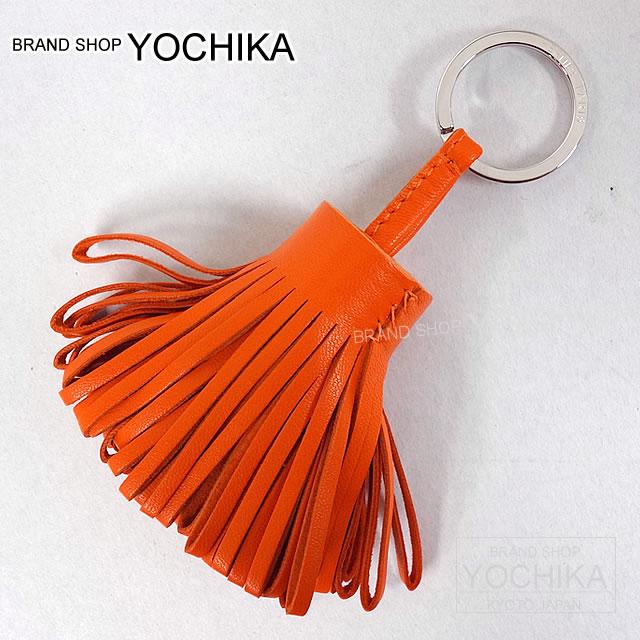 HERMES エルメス フリンジ キーホルダー カルメン オレンジ ラムスキン シルバー金具 新品