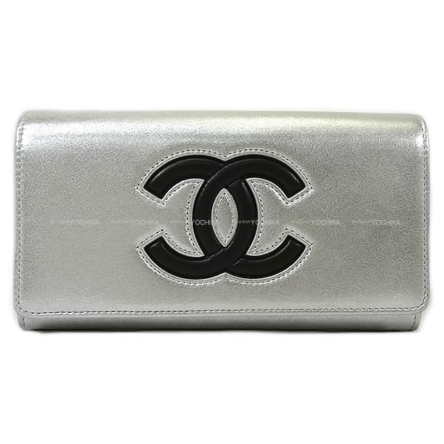 CHANEL シャネル エアライン ココマーク バイカラー ファスナー付 長財布 シルバーX黒 ラムスキン A80896 新品