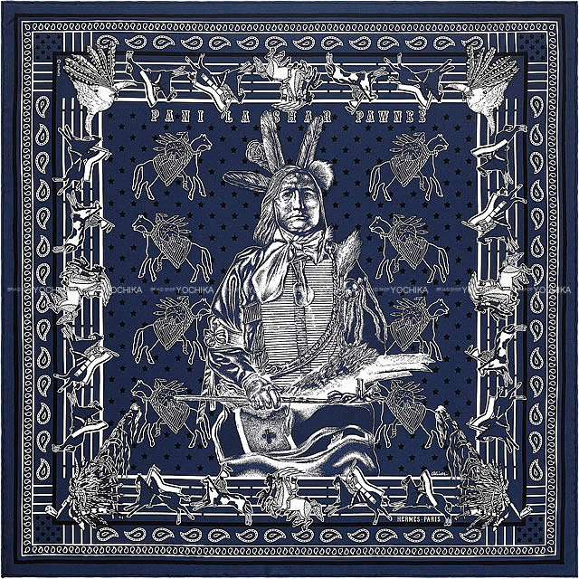HERMES エルメス バンダナ カレ55 "パウニー族の首長" マリンX黒X白 シルク100% 新品