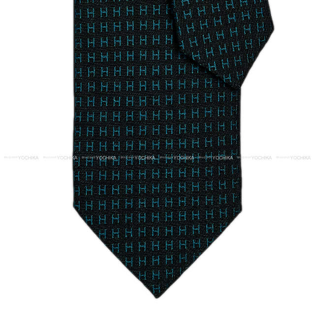 HERMES エルメス Hロゴ バイカラー ネクタイ "FACONNEE H" 黒Xコバルト シルク100% 新品