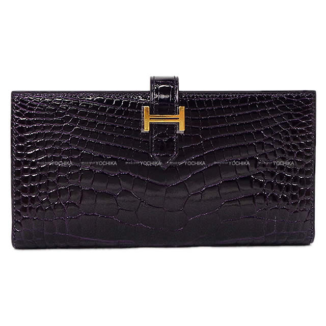 HERMES エルメス 財布 ベアンスフレ オーベルジーヌ クロコダイル アリゲーター ゴールド金具 新品