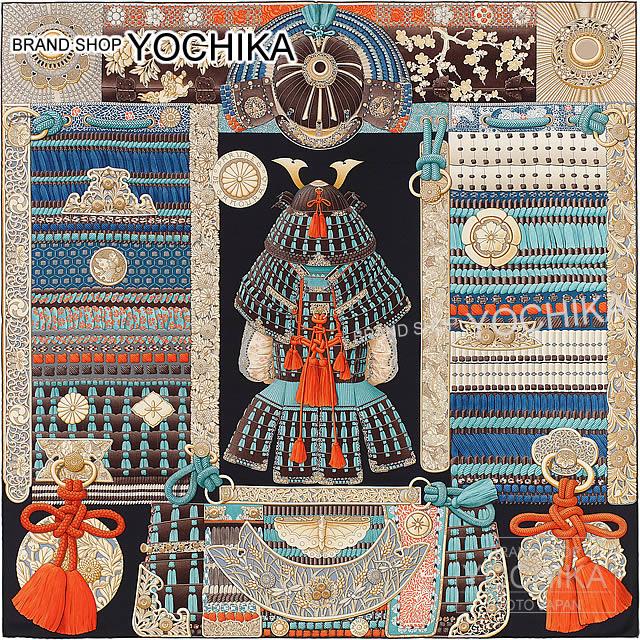 2017年春夏新作 HERMES エルメス スカーフ カレ90 "侍の鎧兜" エベンヌXブルーXオレンジ シルク100% 新品