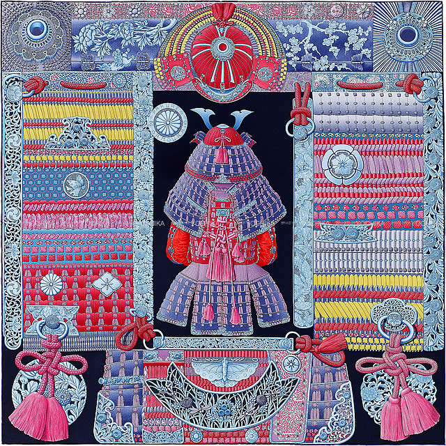 HERMES エルメス スカーフ カレ90 "侍の鎧兜" マリンXローズXブルーグラシエ シルク100% 新品