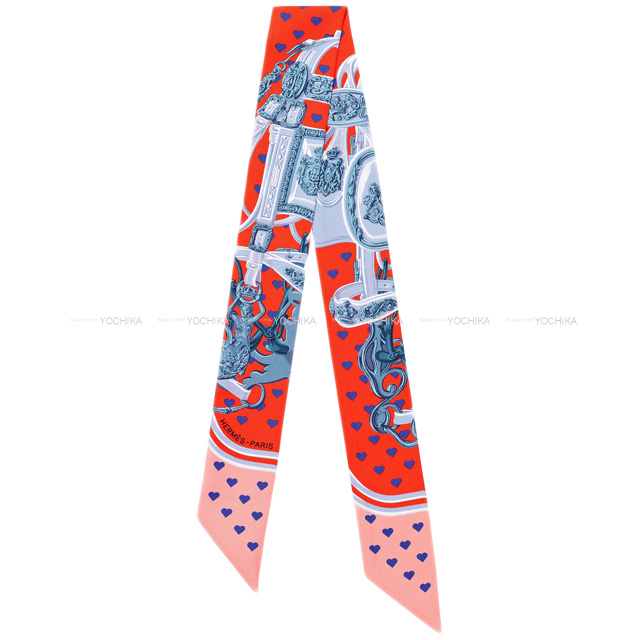 HERMES エルメス ツイリー スカーフ "ブリッド・ドゥ・ガラ・ラヴ" ハート柄 オレンジXグリスブルートXサーモン シルク100% 新品未使用